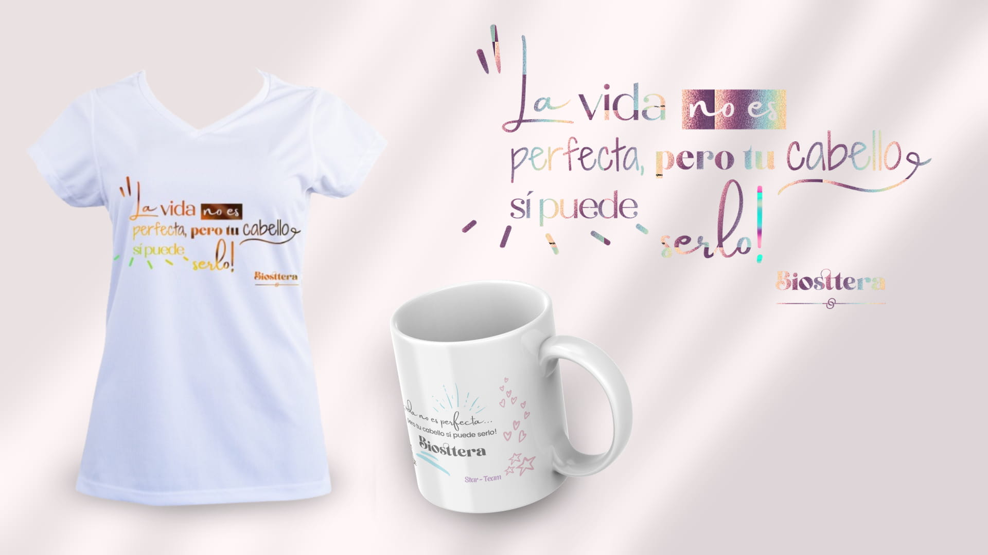 diseño de branding, packaging, camiseta y taza de biosttera