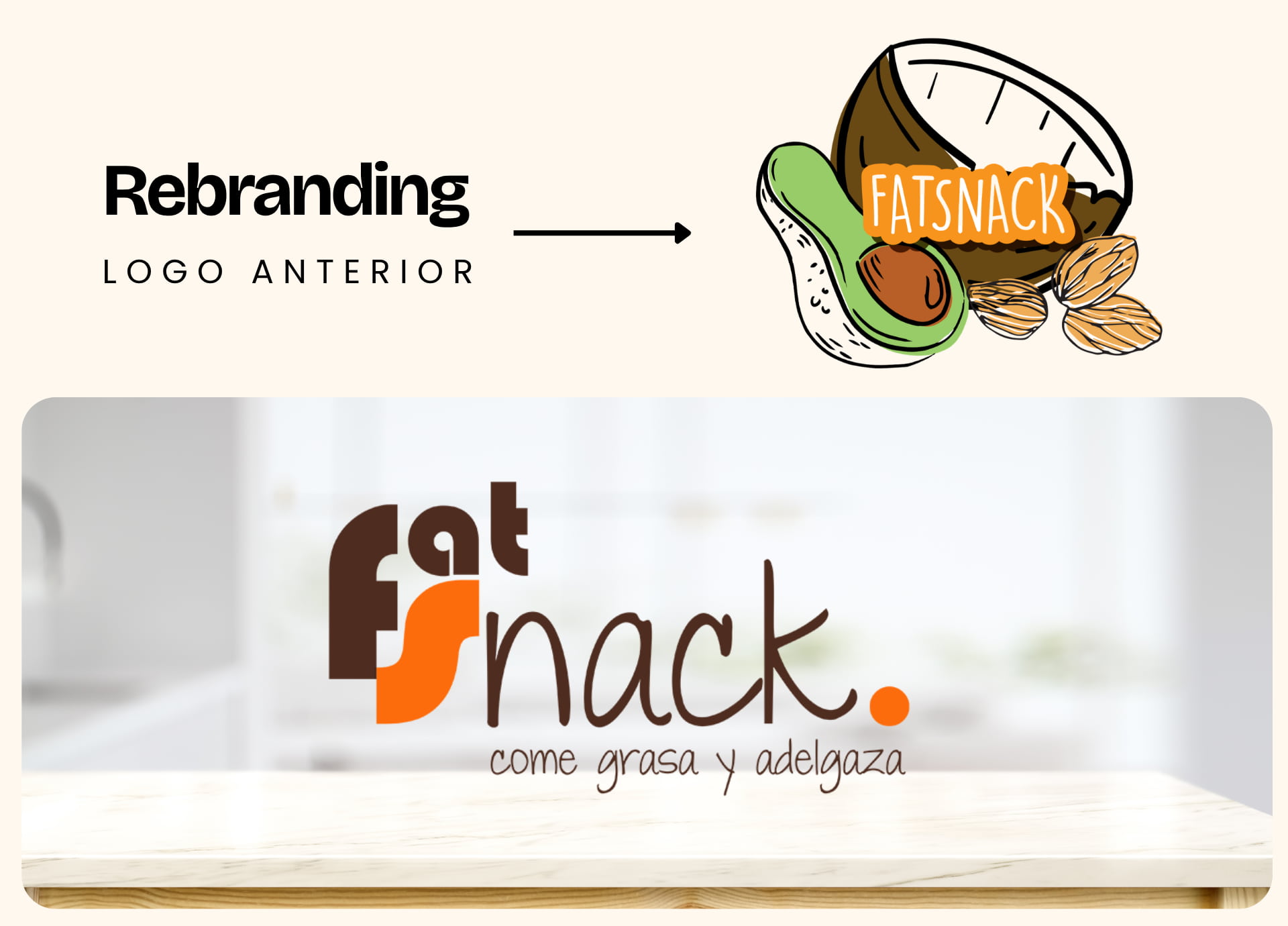 muestra del cambio de logo de fatsnack, rebranding de marca