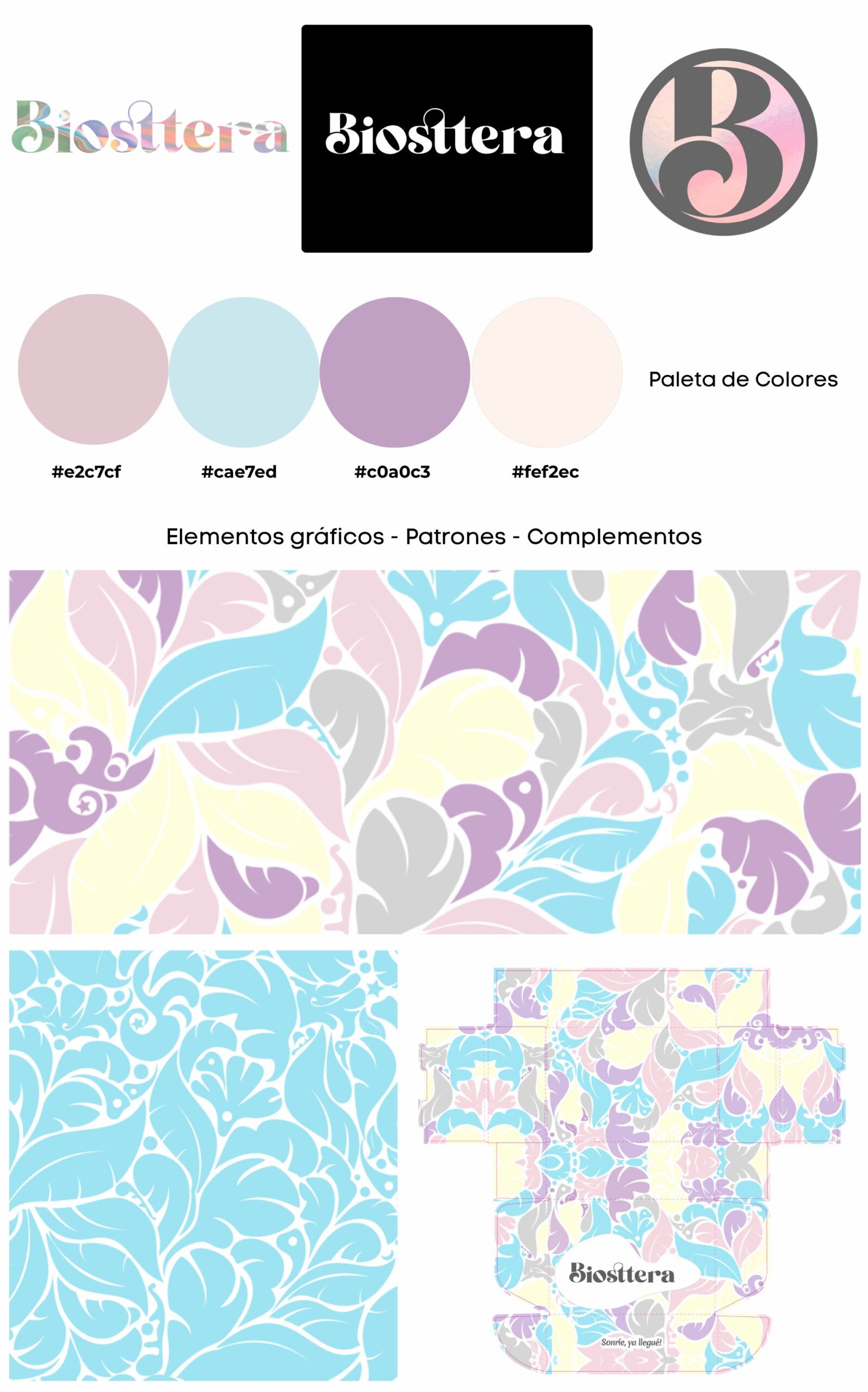 logos, paleta de colores, patrones para packaging, trabajo final de producto y fotografías de producto