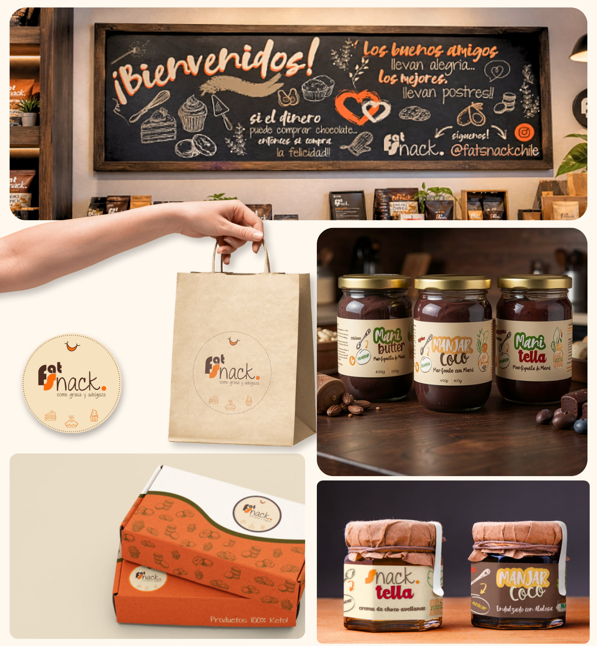 aplicaciones de logo fatsnack, frascos, bolsas, diseño de packaging de marca