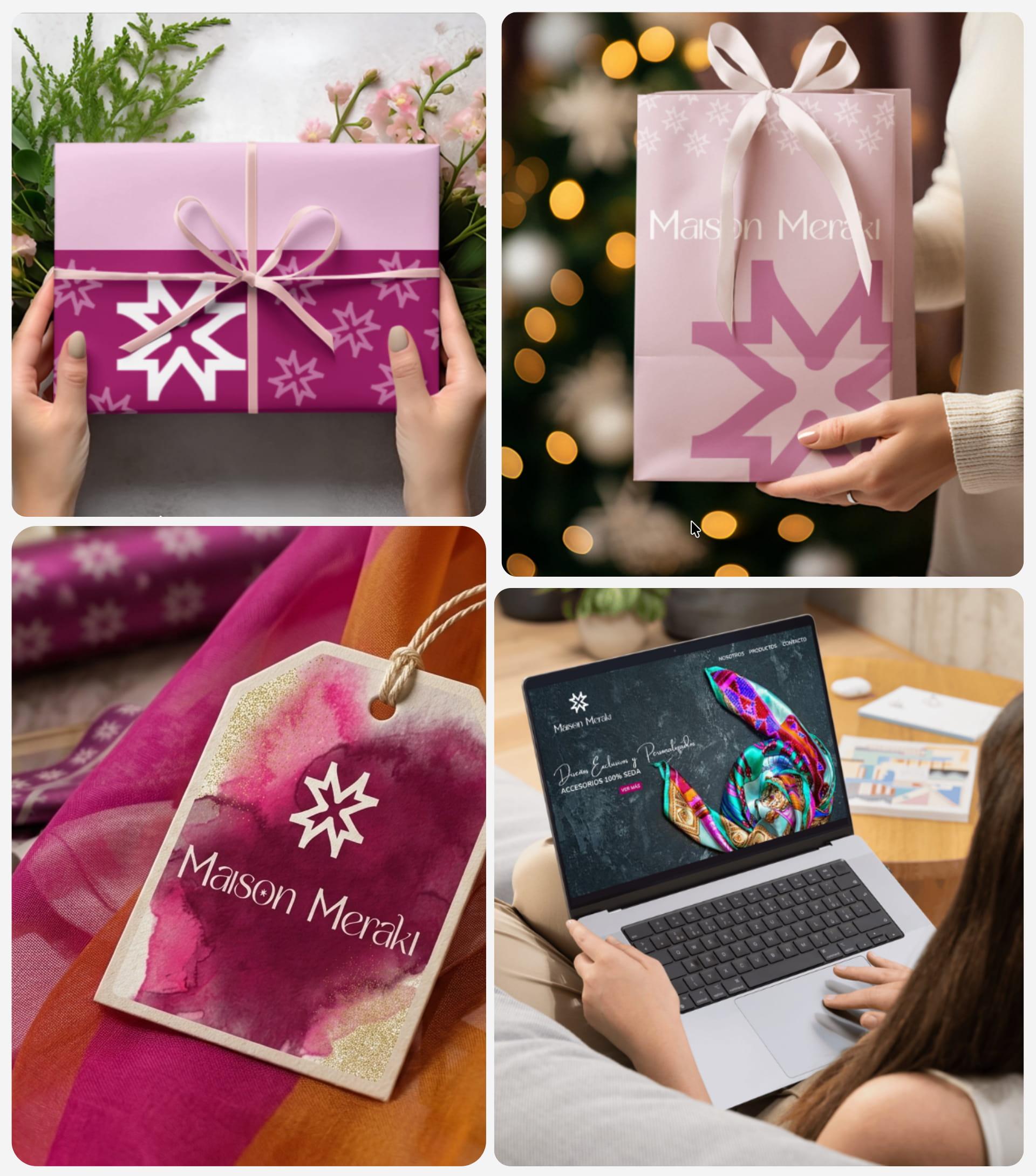 diseño de papeleria corporativa, identidad de marca, diseño de packaging para maison meraki