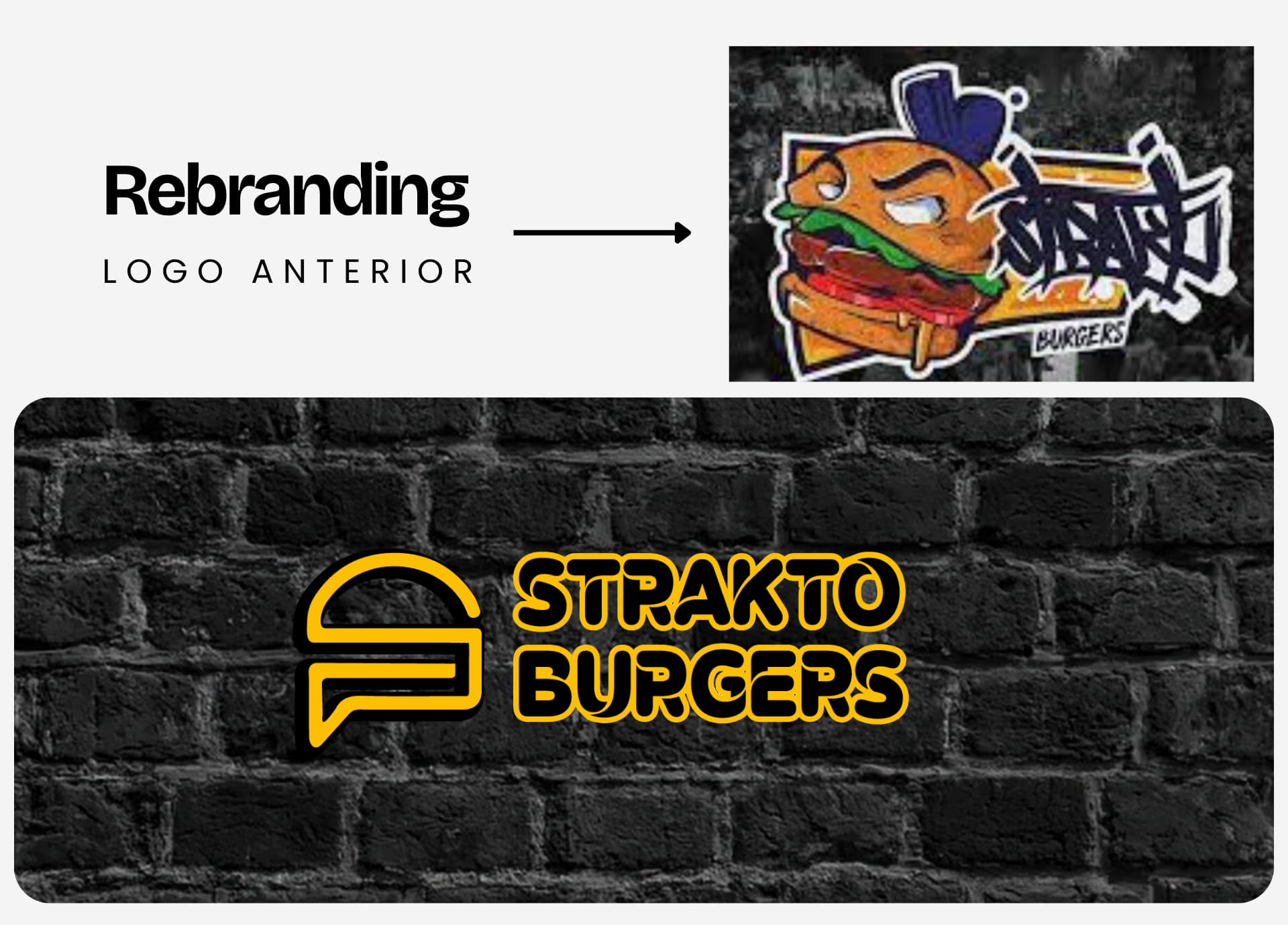 diseño gráfico de straktoburger, re branding de marca, logo antes y despues 